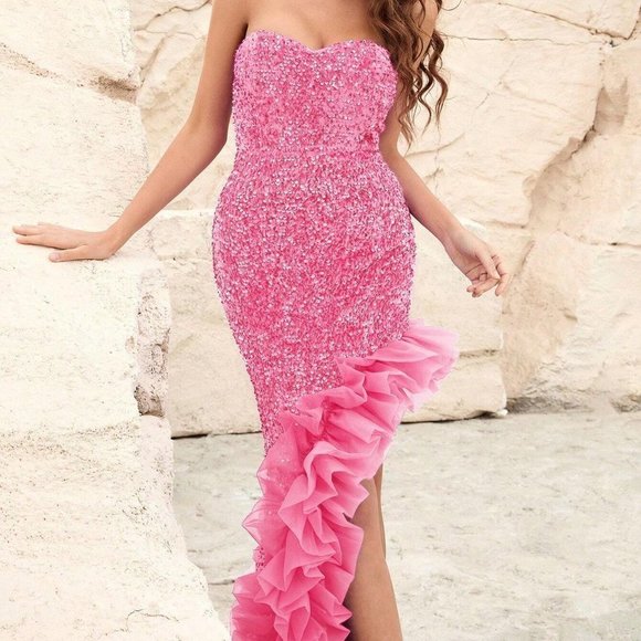 Glam Barbie Ruffle Trim Split Thigh Sequin Tube Formal Dress Pink - Picture 5 of 8